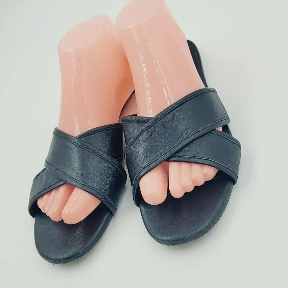 J. Crew Cora Black Leather Two Strap Slide Sandals Size 9